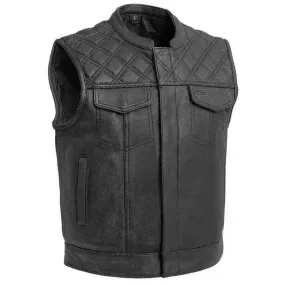 Men's Black Leather Motorcycle Vest with Diamond Stitch