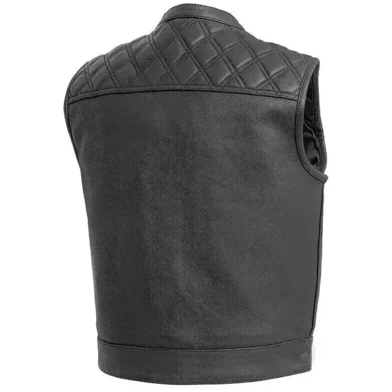 Men's Black Leather Motorcycle Vest with Diamond Stitch
