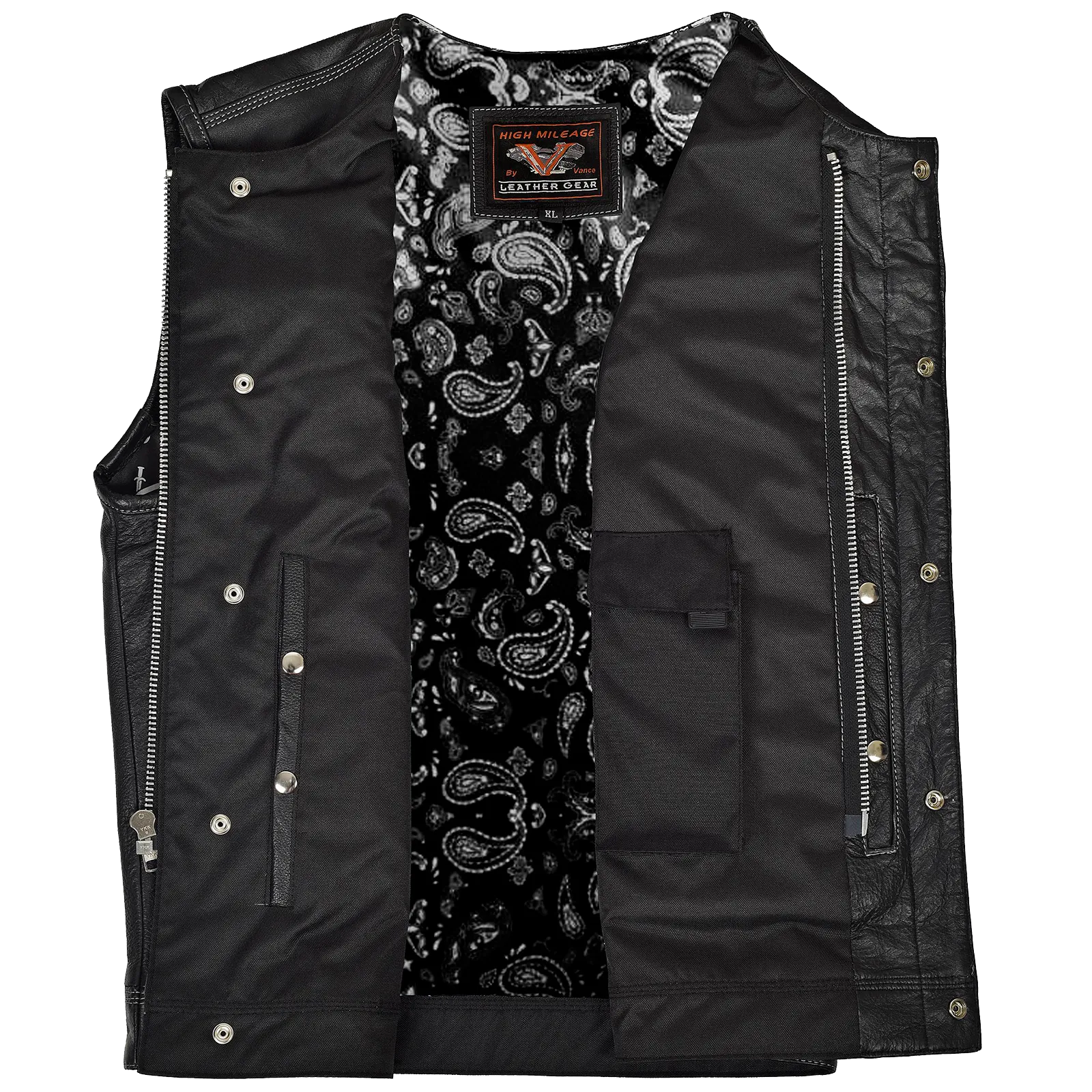 Mens Motorcycle Paisley Liner Collarless premium leather Son of anarcy Exterior Gunpocket Vest