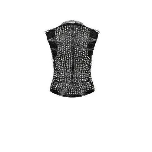 Mens Studded Leather VEST Silver Studs Biker Zipper Pocket