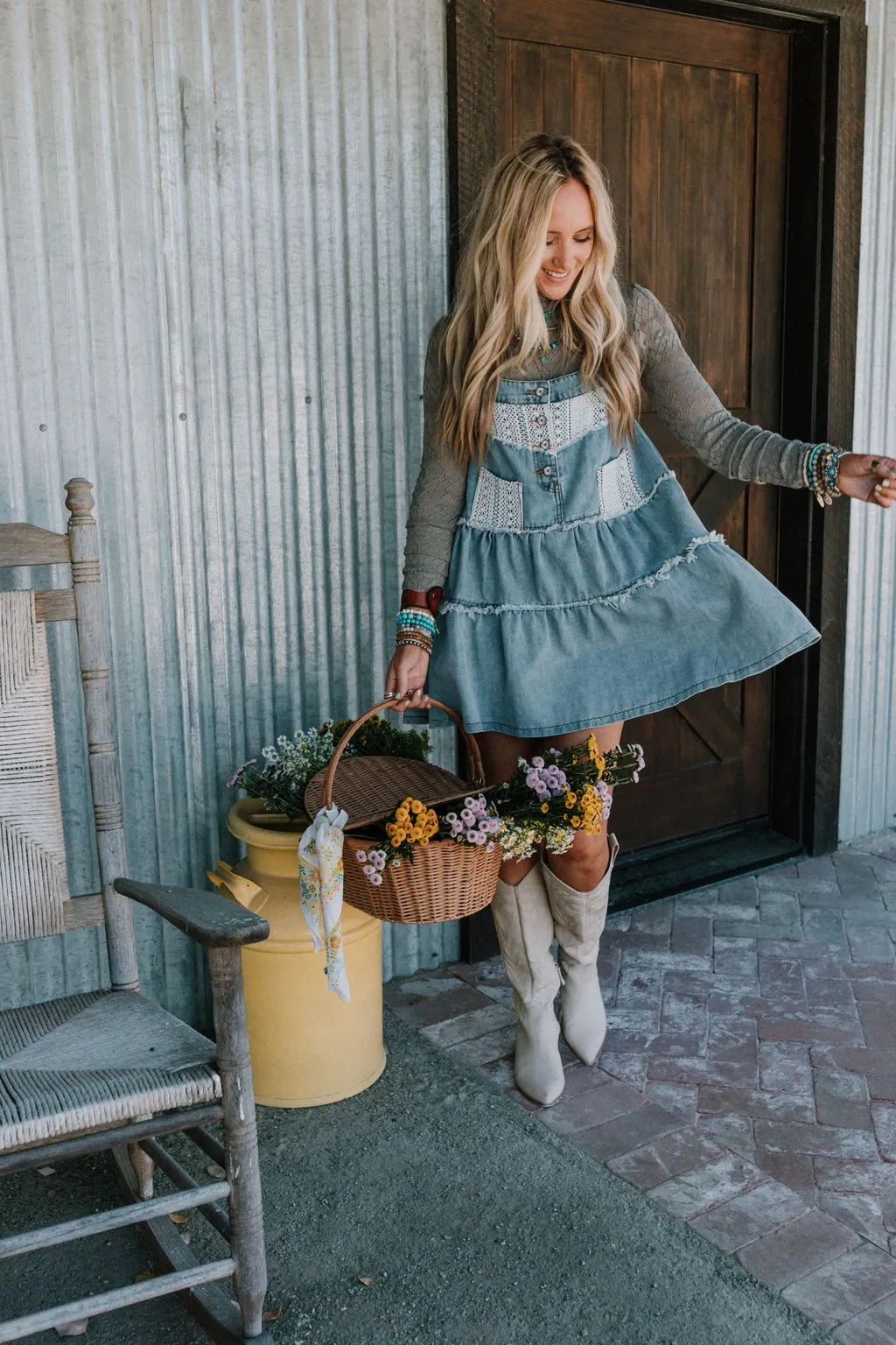 Petal Pockets Crochet Denim Dress - Denim