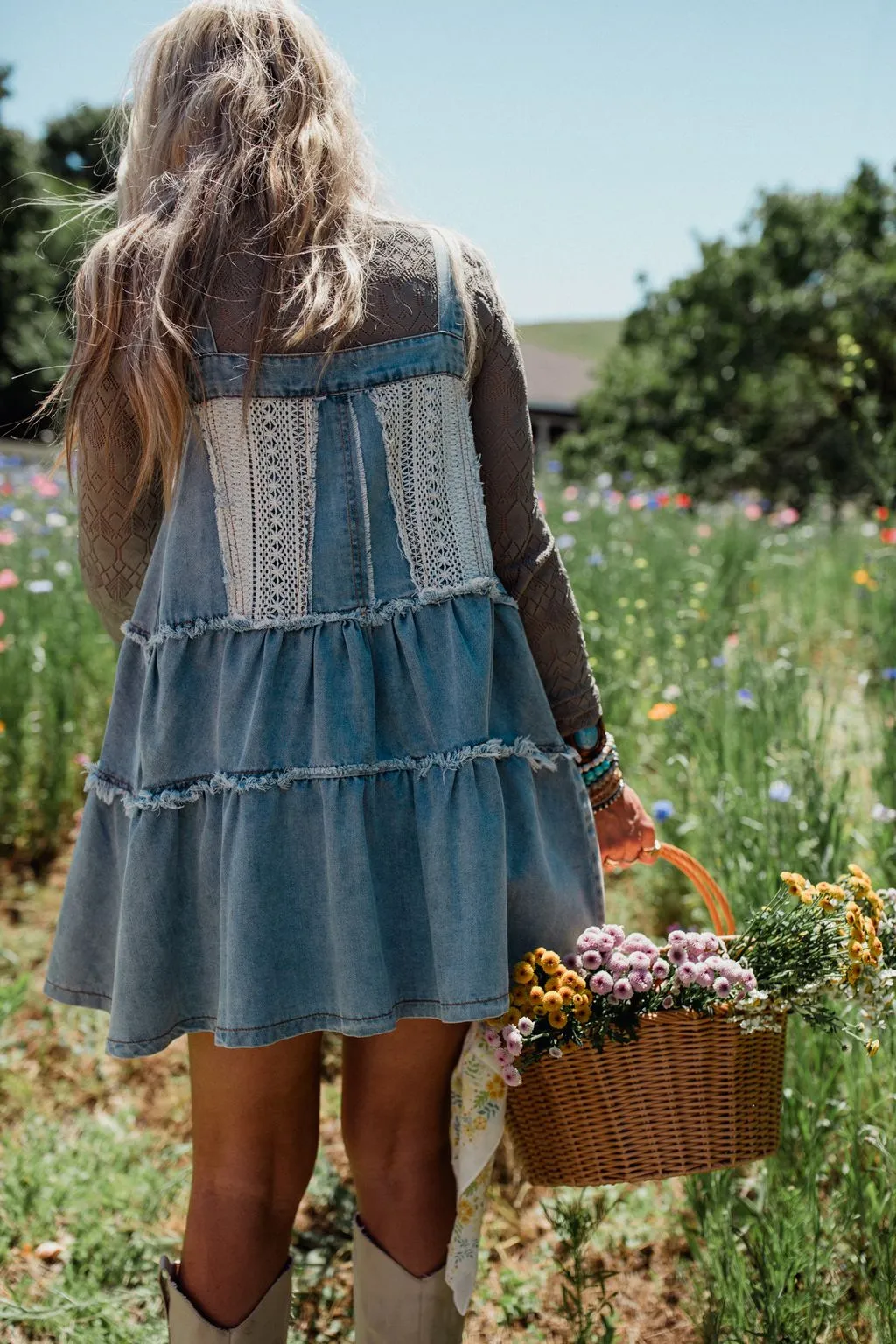 Petal Pockets Crochet Denim Dress - Denim