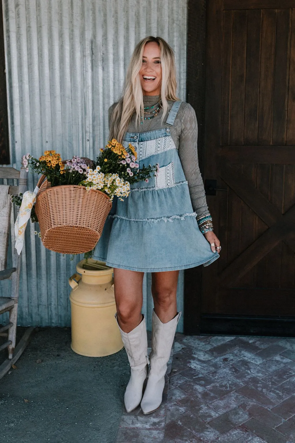 Petal Pockets Crochet Denim Dress - Denim