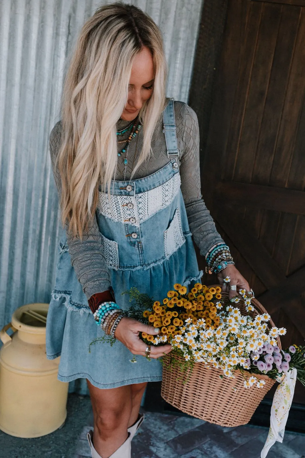 Petal Pockets Crochet Denim Dress - Denim
