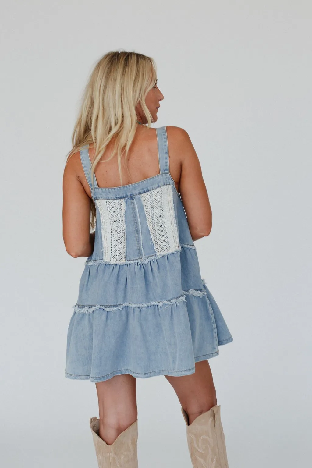 Petal Pockets Crochet Denim Dress - Denim