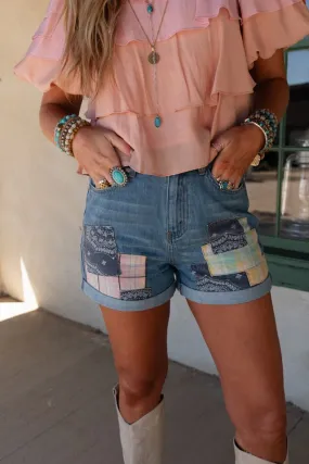 Prairie Maze Patched Shorts - Denim