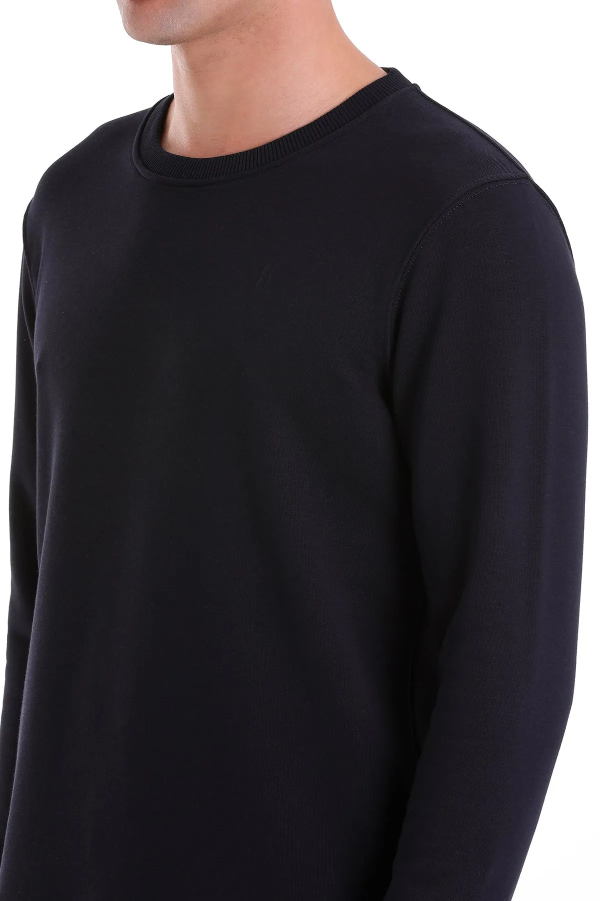 Regular Fit Cotton Blend Navy Crewneck Sweatshirt