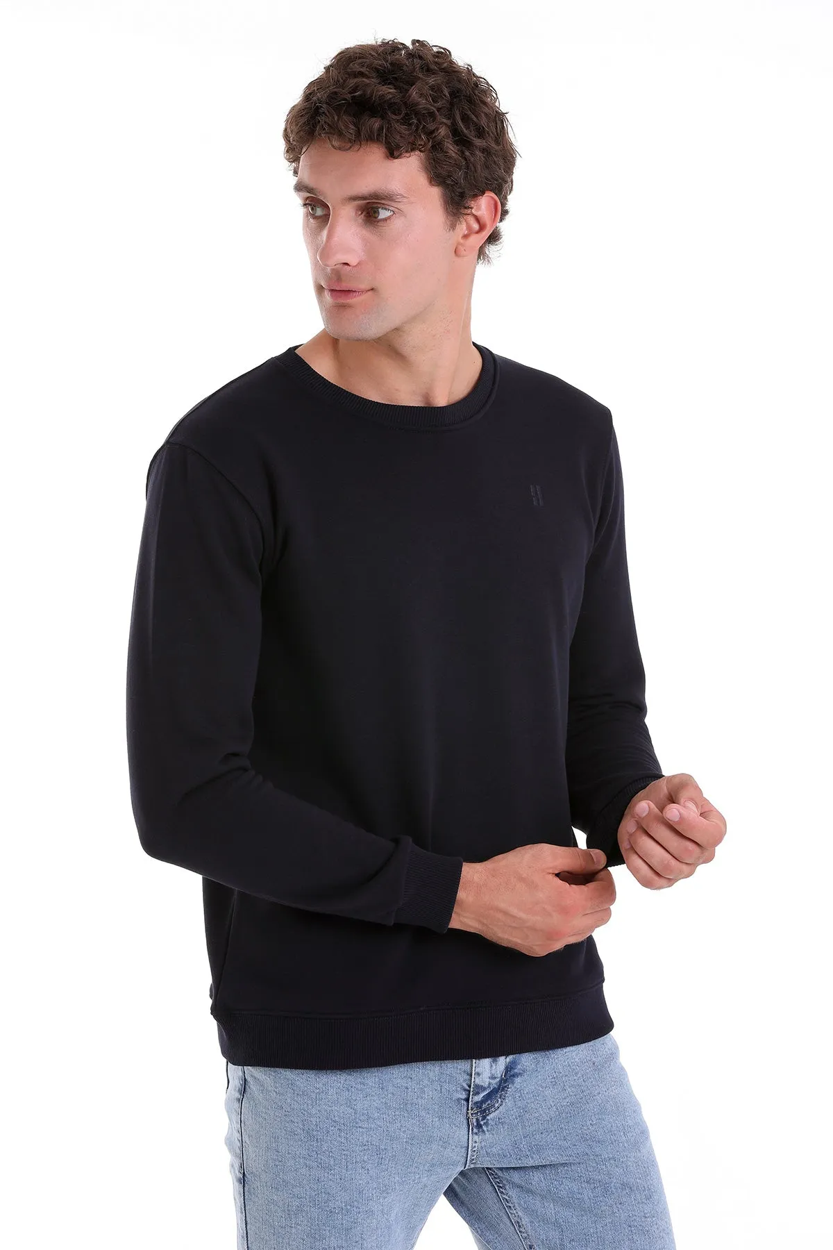 Regular Fit Cotton Blend Navy Crewneck Sweatshirt