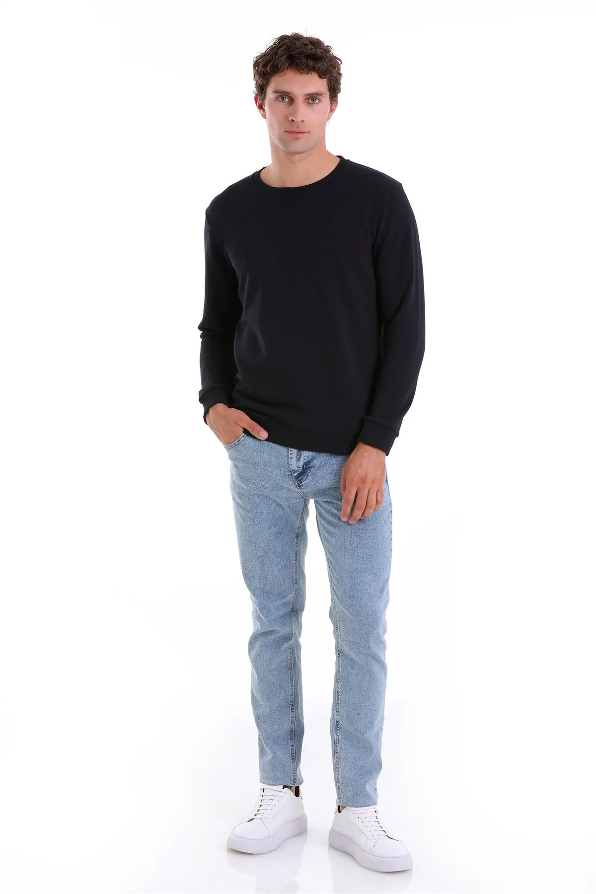 Regular Fit Cotton Blend Navy Crewneck Sweatshirt