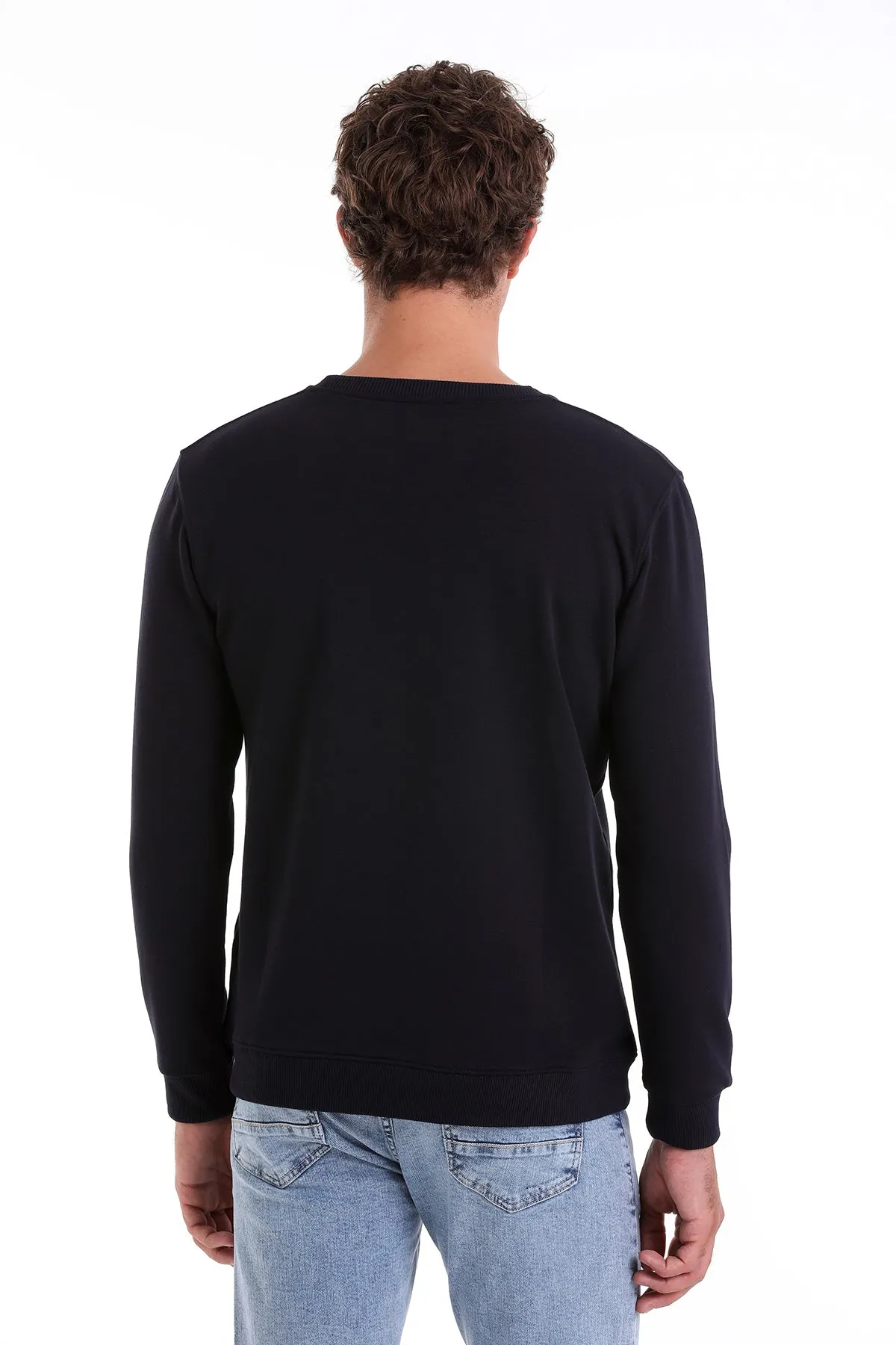 Regular Fit Cotton Blend Navy Crewneck Sweatshirt