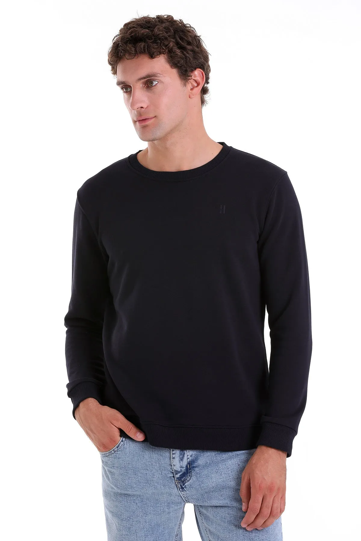 Regular Fit Cotton Blend Navy Crewneck Sweatshirt