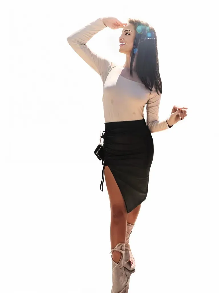 Ruched Drawstring Leather like Front Split Skirt Black