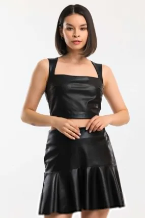 SNS Black Zippered Ruffled Leather Skirt - Almelo