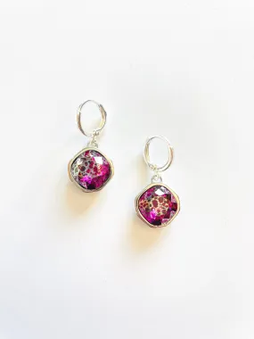 Square Cushion Drop Earring in Fuchsia Silver Patina