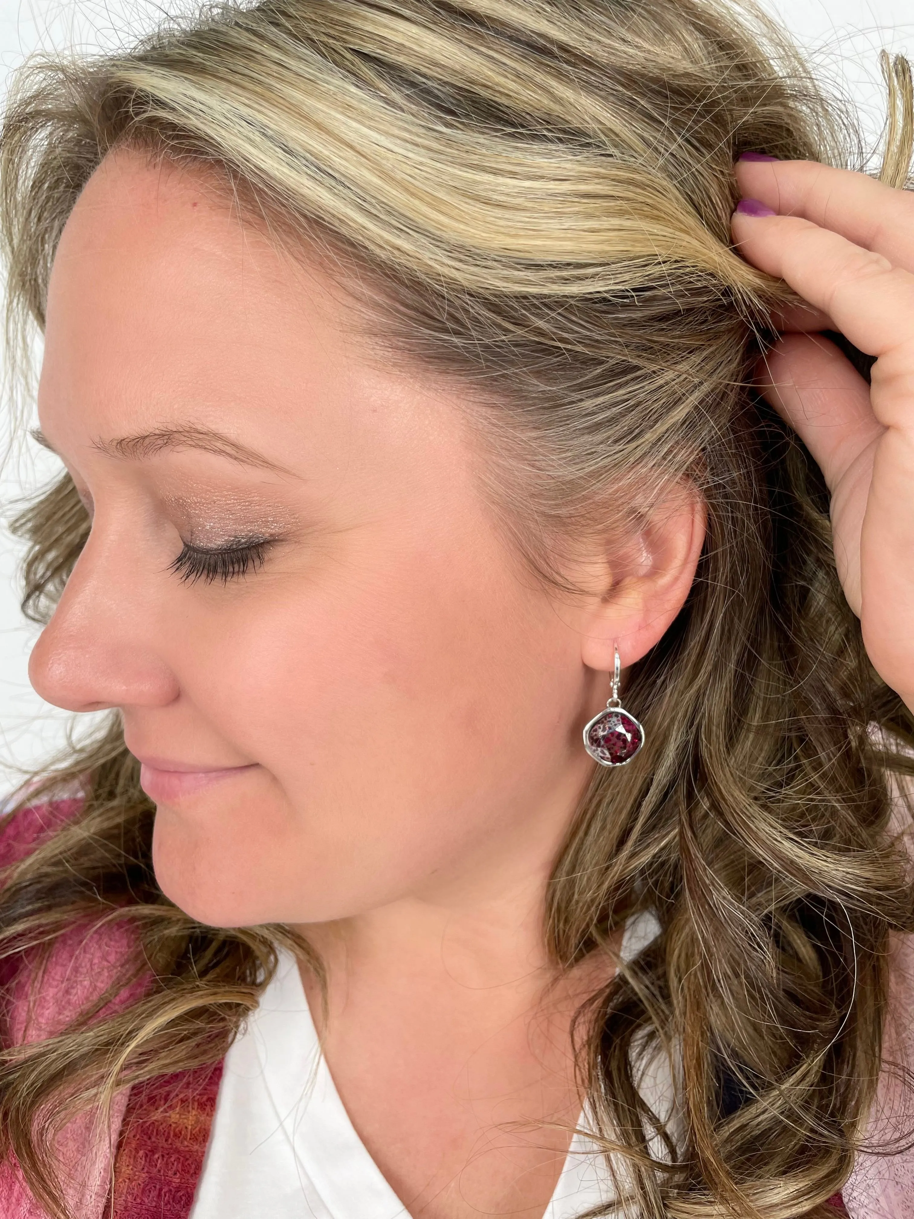 Square Cushion Drop Earring in Fuchsia Silver Patina