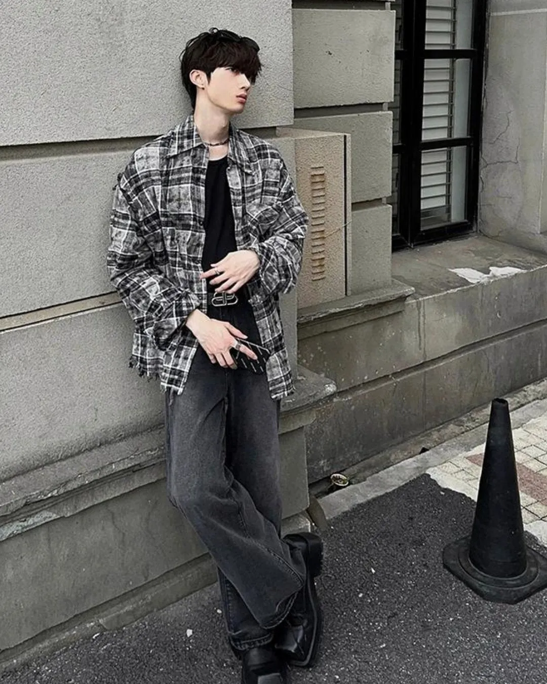Street Dark Grey Plaid Shirt JMH0048