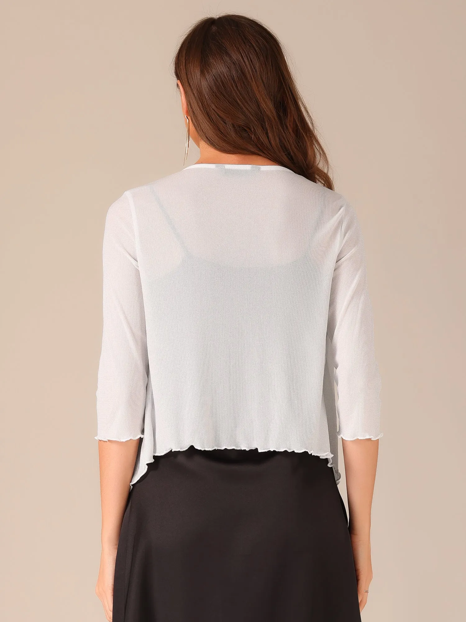Tie Front 3/4 Sleeve Knit Mesh Glitter Bolero Shrug Cropped Jacket