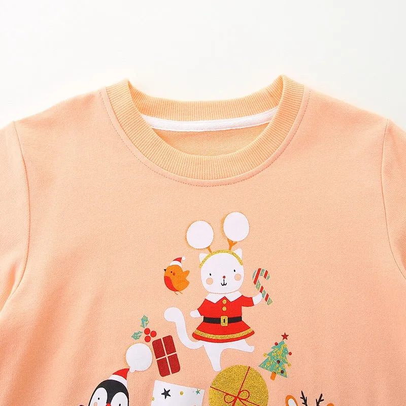 Toddler/Kid Girl's Festive Forest Friends Christmas Print Design Sweatshirt