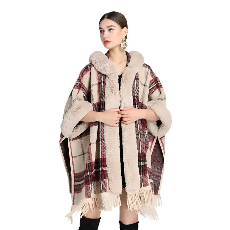Winter Thick Plaid Poncho Tassel Cloak with Hood & Faux Rabbit Fur Collar