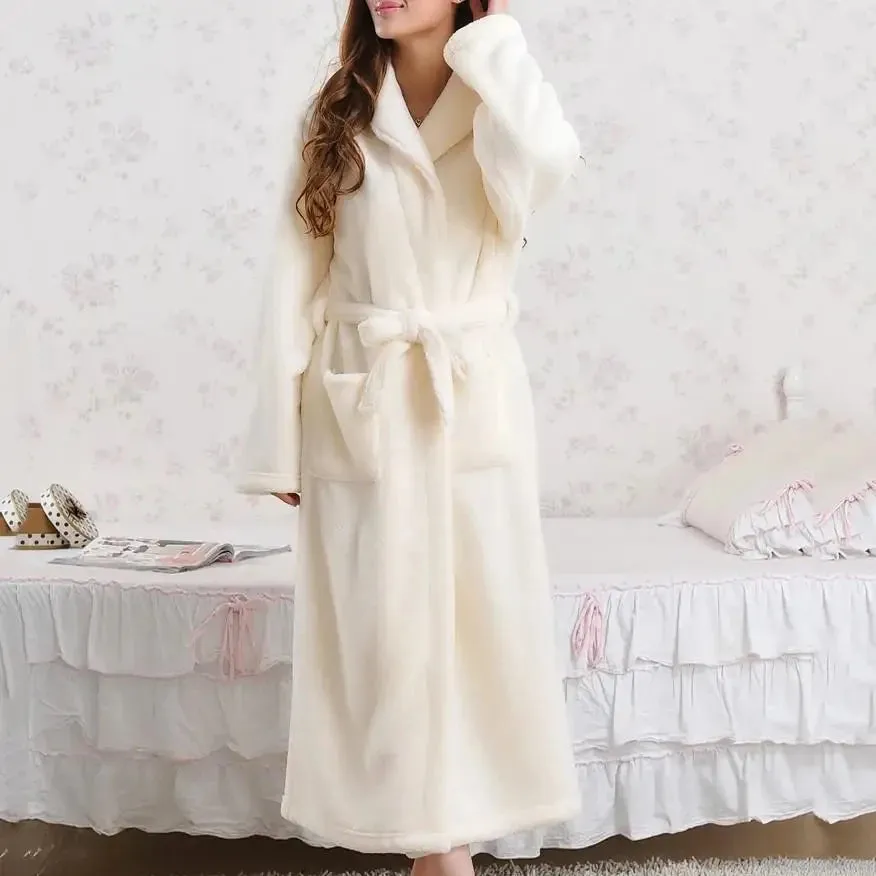 Women's Thick Coral Fleece Robe with Full Sleeves, Mid-Calf Length, Multiple Stylish Colors