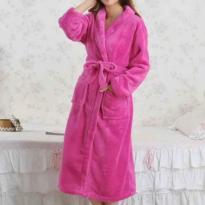 Women's Thick Coral Fleece Robe with Full Sleeves, Mid-Calf Length, Multiple Stylish Colors