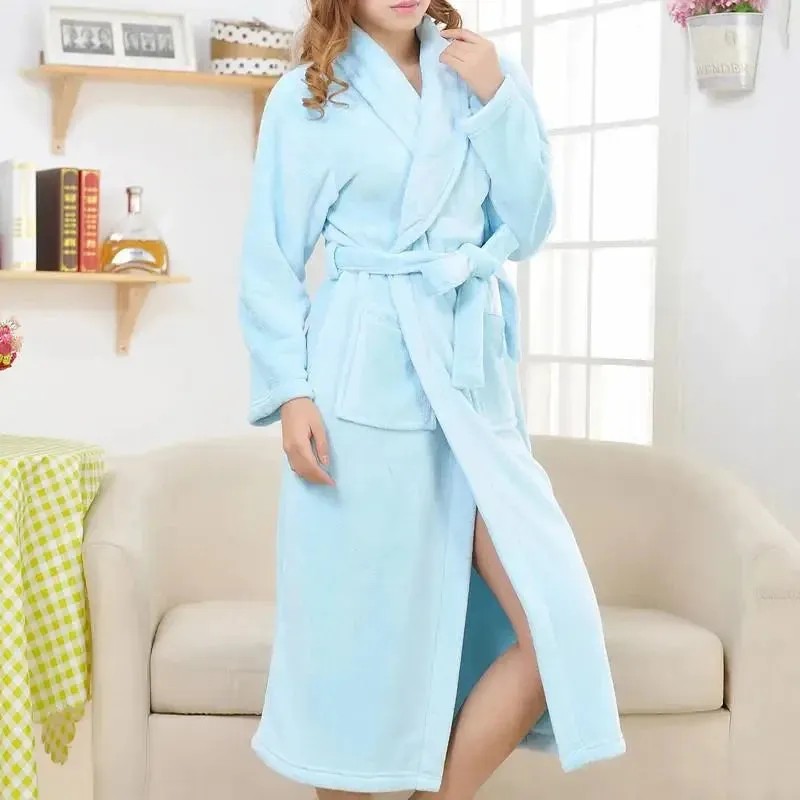 Women's Thick Coral Fleece Robe with Full Sleeves, Mid-Calf Length, Multiple Stylish Colors