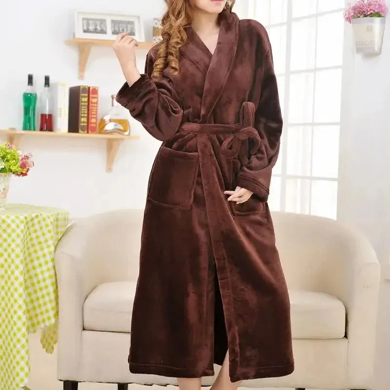 Women's Thick Coral Fleece Robe with Full Sleeves, Mid-Calf Length, Multiple Stylish Colors