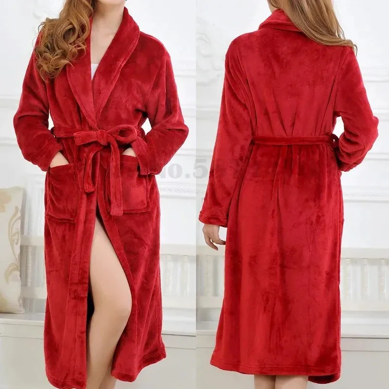 Women's Thick Coral Fleece Robe with Full Sleeves, Mid-Calf Length, Multiple Stylish Colors