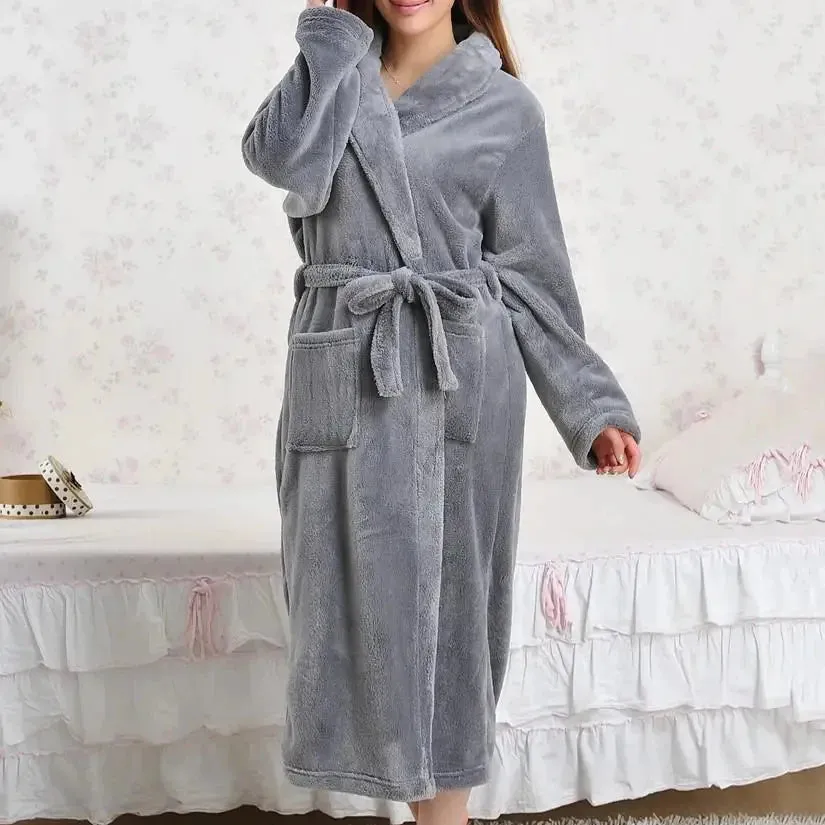 Women's Thick Coral Fleece Robe with Full Sleeves, Mid-Calf Length, Multiple Stylish Colors