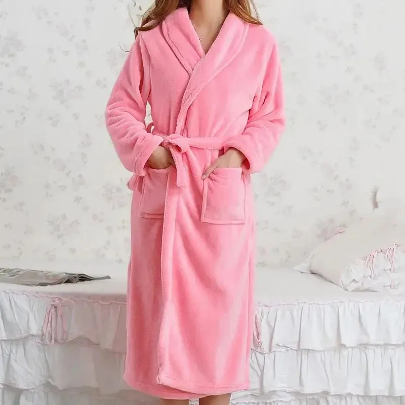 Women's Thick Coral Fleece Robe with Full Sleeves, Mid-Calf Length, Multiple Stylish Colors