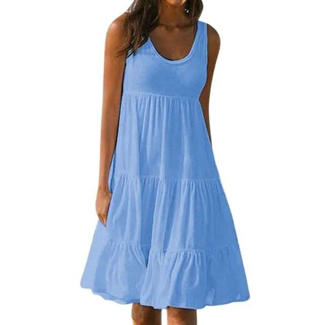 Yeknu dresses for women Sleeveless Round Neck Solid Color Splicing Big Swing Beach Dress vestido de mujer