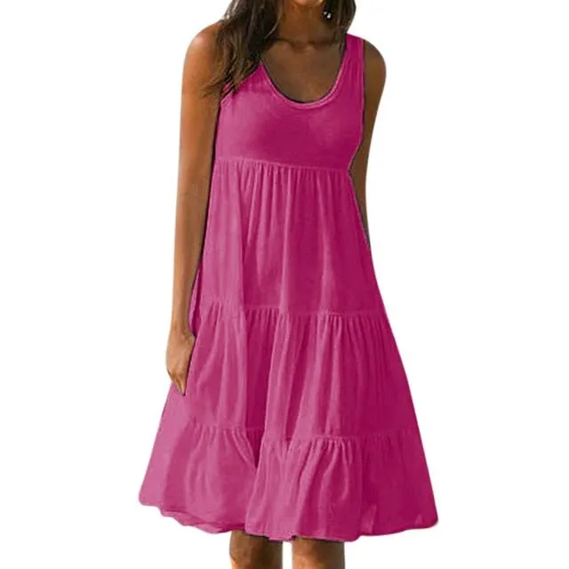 Yeknu dresses for women Sleeveless Round Neck Solid Color Splicing Big Swing Beach Dress vestido de mujer