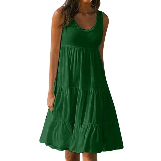 Yeknu dresses for women Sleeveless Round Neck Solid Color Splicing Big Swing Beach Dress vestido de mujer