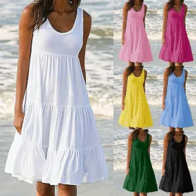 Yeknu dresses for women Sleeveless Round Neck Solid Color Splicing Big Swing Beach Dress vestido de mujer