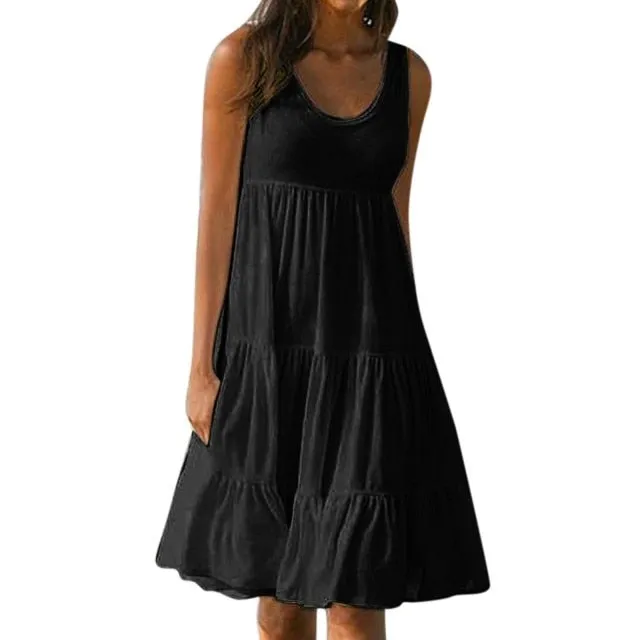 Yeknu dresses for women Sleeveless Round Neck Solid Color Splicing Big Swing Beach Dress vestido de mujer