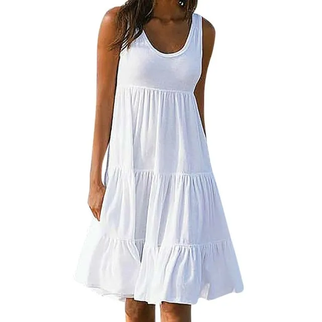 Yeknu dresses for women Sleeveless Round Neck Solid Color Splicing Big Swing Beach Dress vestido de mujer